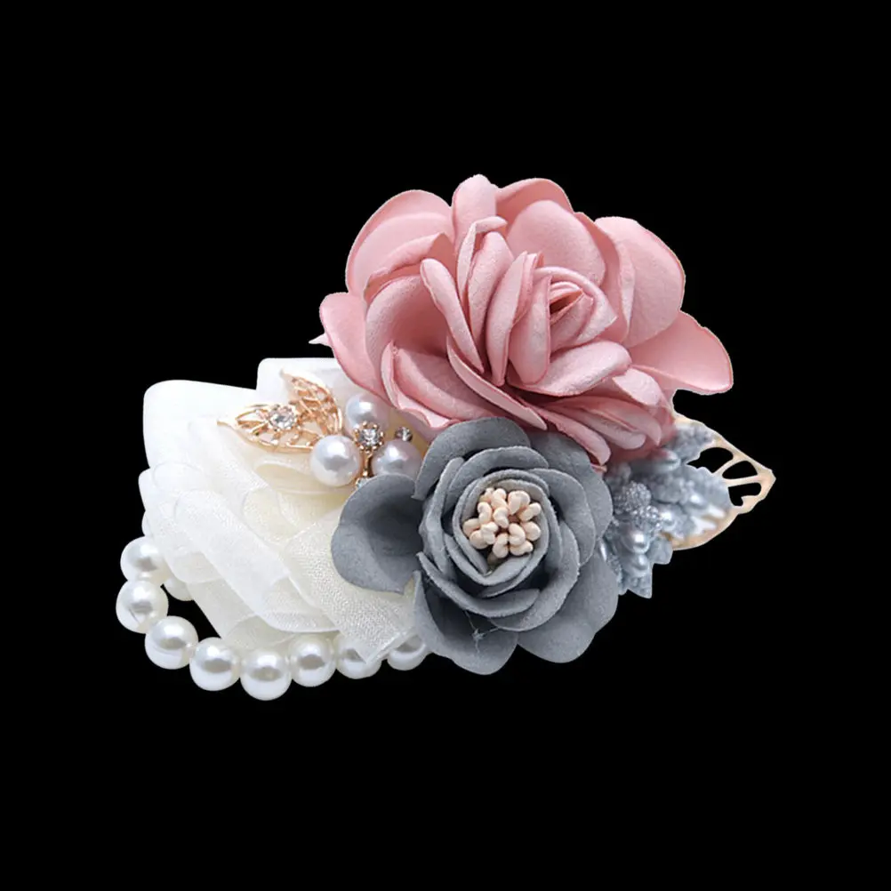 Open Artificial Flower Wrist Flower Pearl Wristband Rhinestone Ribbon Wedding Prom Dance Party Bridal Wrist Flowers - view 2