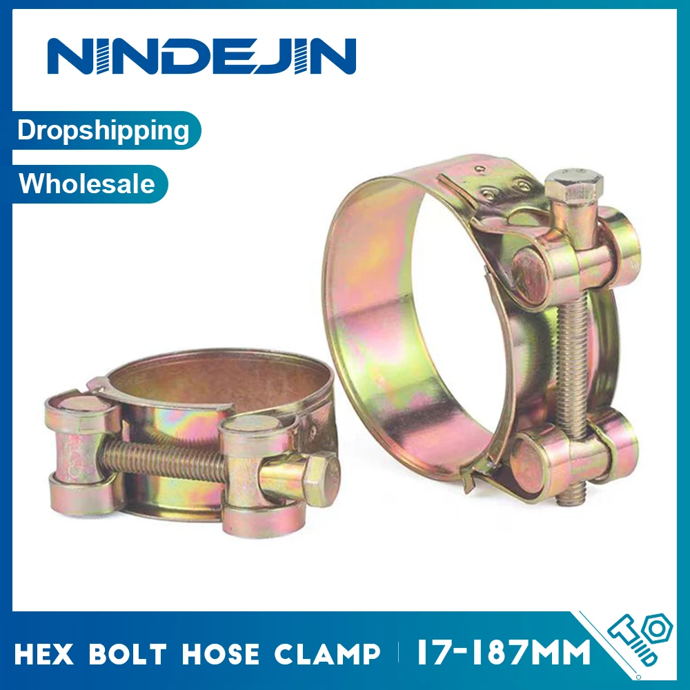 1piece Strong T-Bolt Hose Clamps Yellow Zinc Steel Heavy Duty 17-252mm Adjustable Bolt Band Pipe Clamp for Automotive Plumbing