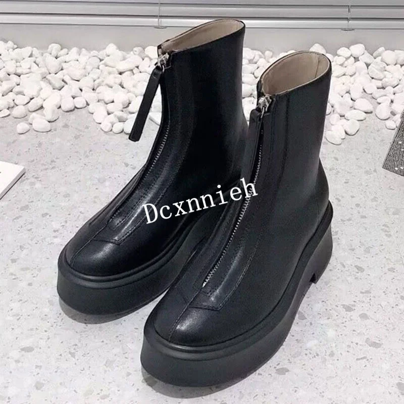 Autumn Winter Thick Sole Short Boots Solid Color Zipper Decor Ankle Boots Handsome Genuine Leather Riding Boots Chelsea Boots