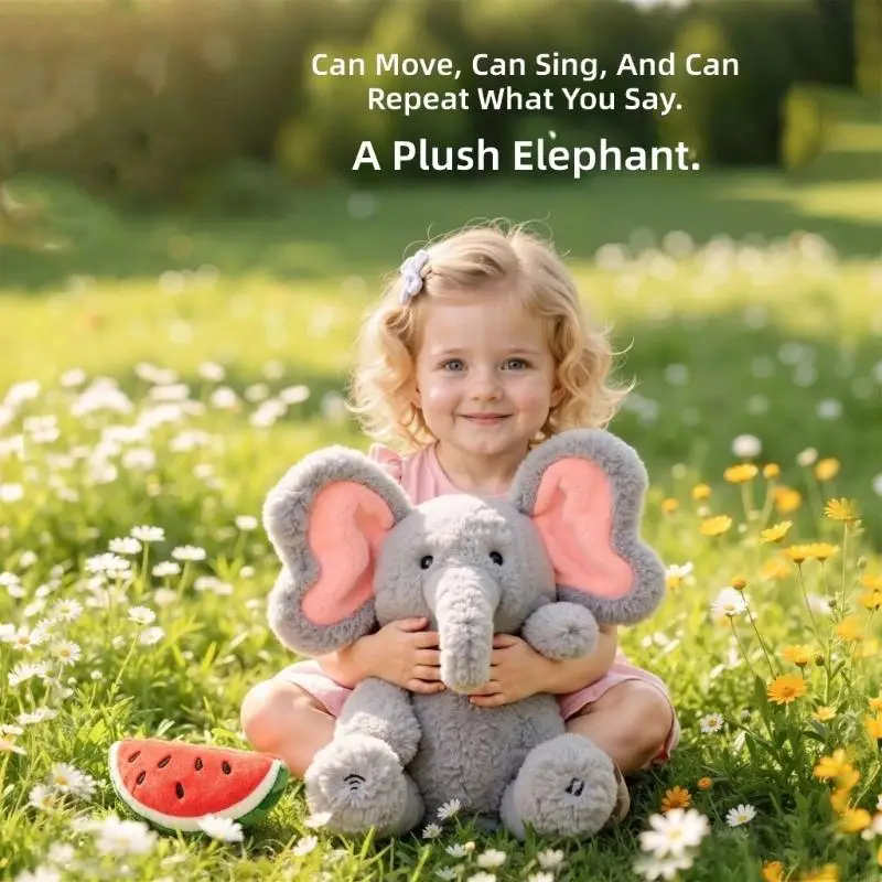 Musical Elephant Toy with Repeat-Back Voice Play, Gray Stuffed Animal and Watermelon Feeding Accessory for Babies and H8WD