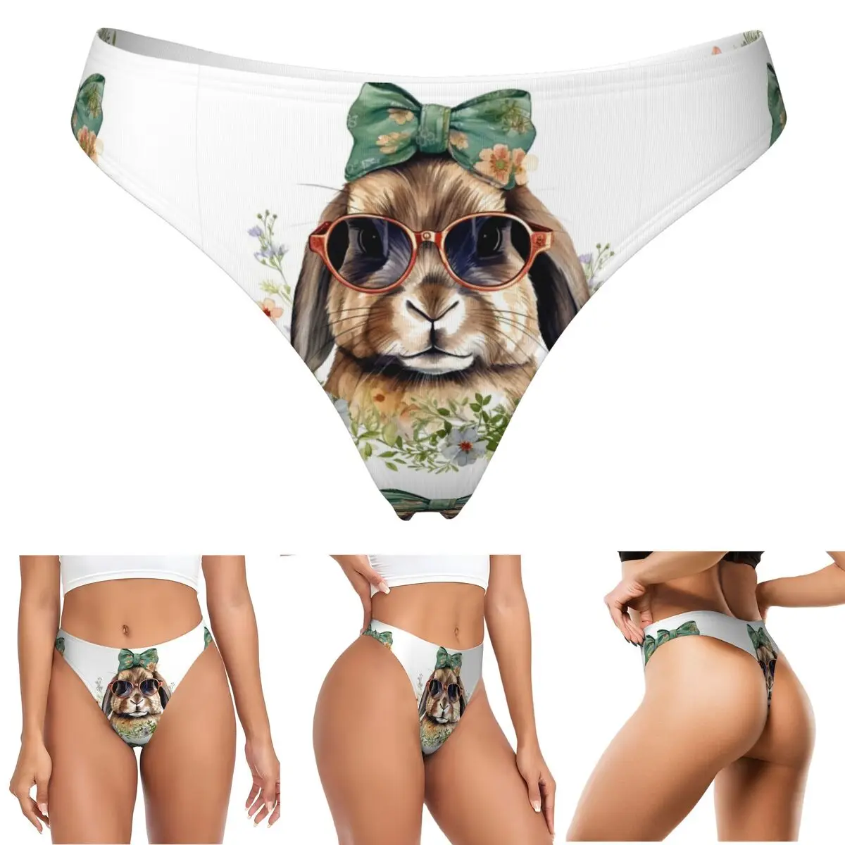 Custom Easter Rabbit With Sunglasses Funny Design G-string Panties Breathable Women Stretch Thongs Comfort Underwear