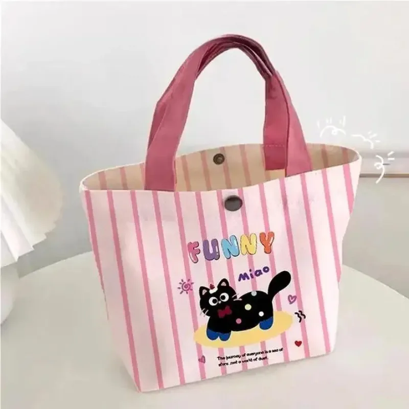 Pink Polka Dot Cat Canvas Handbag, Cute Mini Dopamine Bento Bag Lightweight Tote Bag for Daily Commute Outdoor Shopping