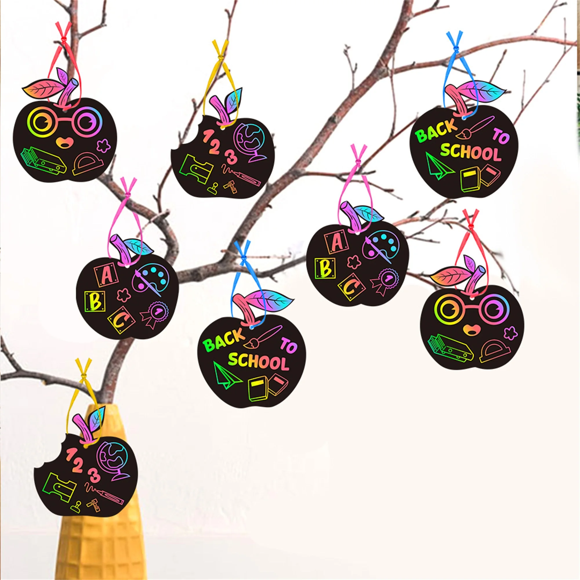

Back to School Scratch Art Kit for Kids - 24 Pcs DIY Apple Fruit Hanging Ornaments Craft Set for Classroom Decoration