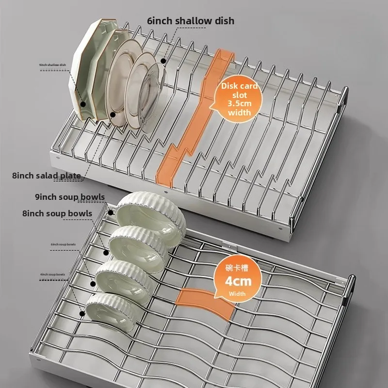 Stainless Steel Dish Rack Pull-Out Cabinet Organizer Drawer-Type Draining Rack Durable Solid Steel Quiet Ball-Bearing Slide