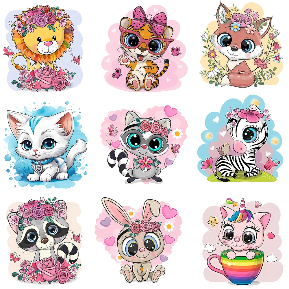 2PCS Kid Clothes Sticker Cartoon Animal Tiger Lion Cat Horse Iron On Heat Transfers Vinyl Stickers On T-shirt DIY Patches