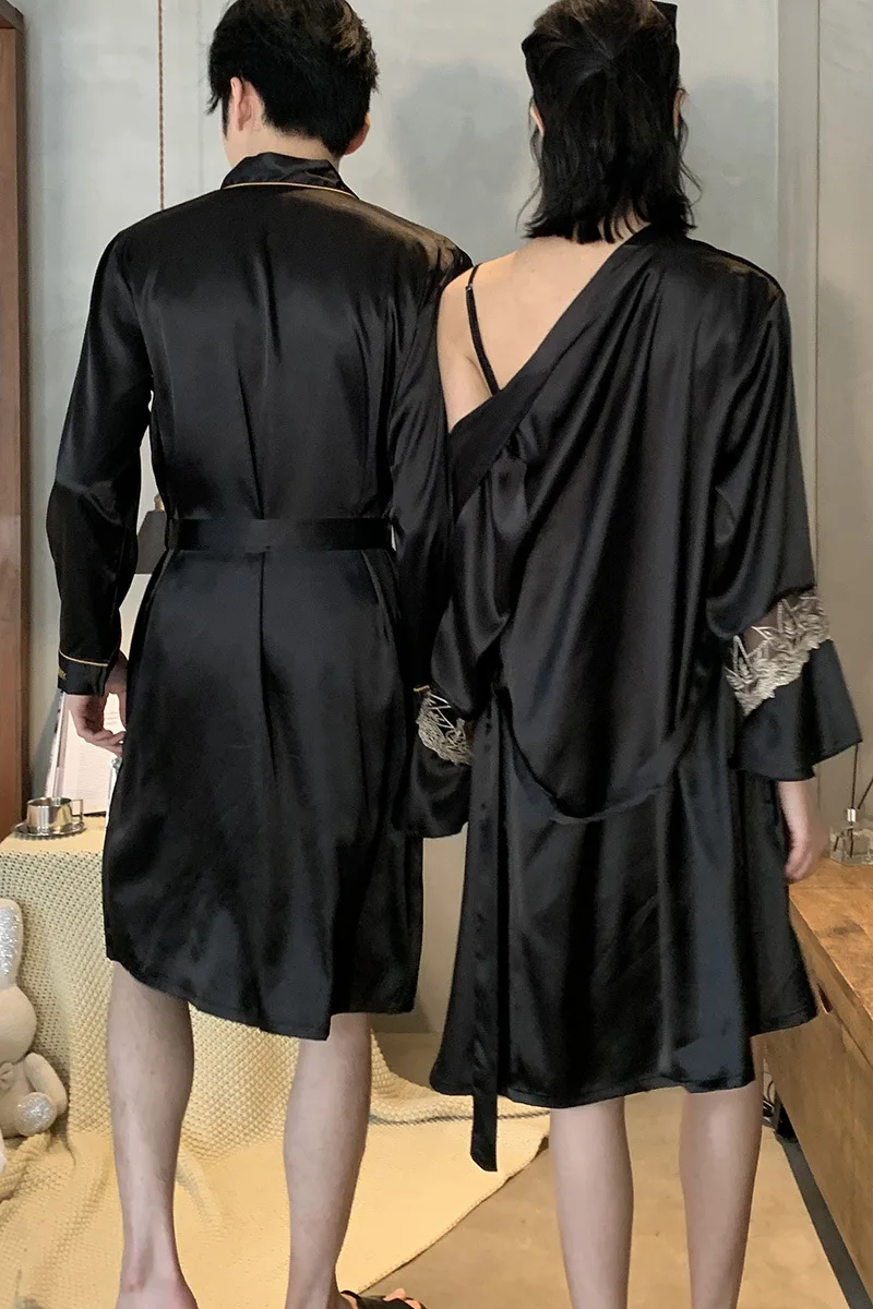 FZSLCYIYI 여름 새틴 Homewear 남자 로브 짧은 세트 Sleepwear 여자 레이스 패치 워크 가운 Nightdress 세트 커플 잠옷