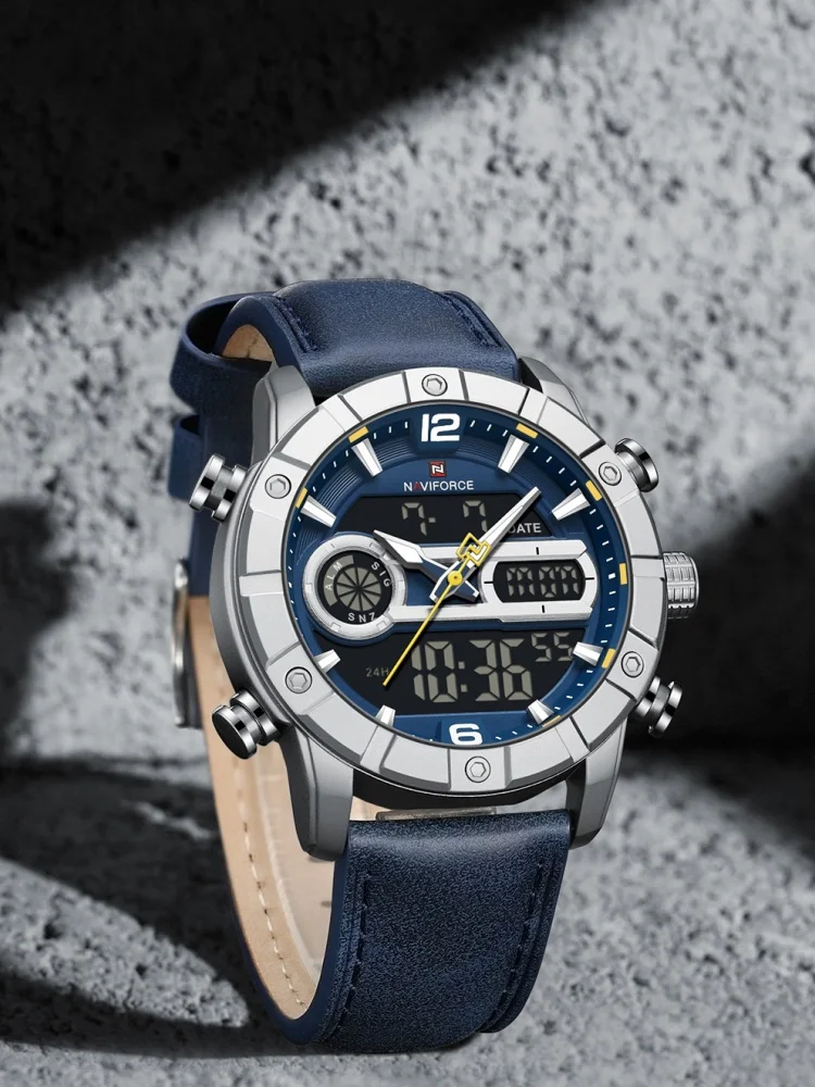 NAVIFORCE NF9263 montre pour hommes bracelet en cuir véritable chronographe alarme étanche affichage lumineux bracelet en cuir véritable montre pour hommes