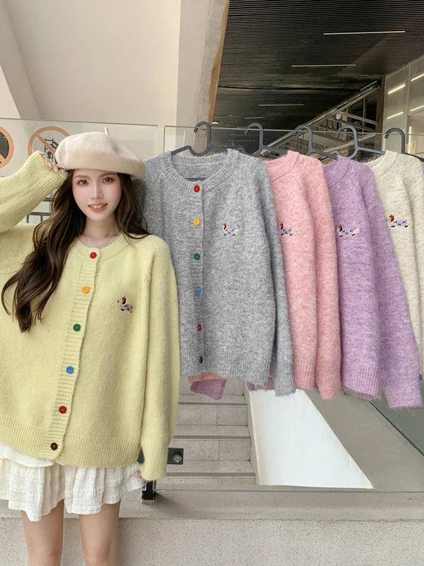 

Sweet Sle Durable Women's Cardigan Sweater Coat Autumn Season Long Sve round Ne Button Detail Cartoon Embroidery Design