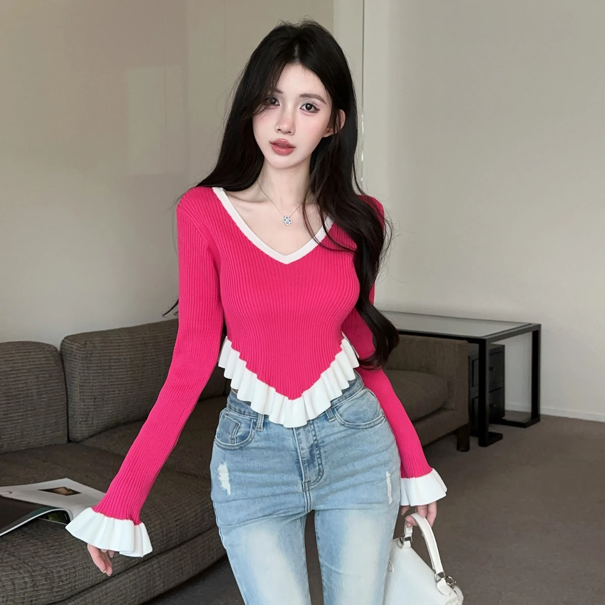 Slim Fit Long Sve V-Ne Knitted Sweater Bell Sve Base Layer Top Autumn Winter Faion Casual Sle Women's Knitwear