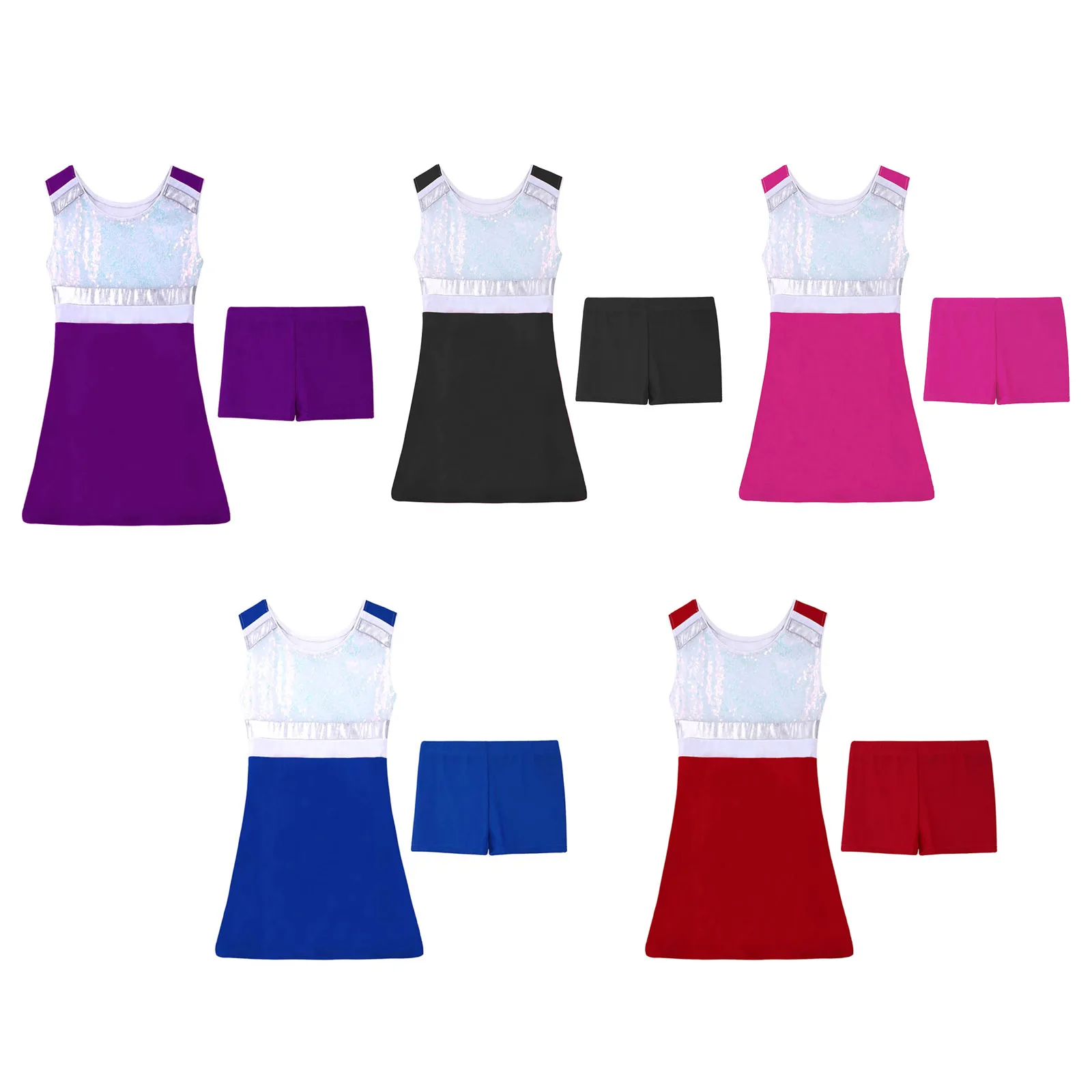 Kids Girls Cheerleader Costume Sequins Hip Hop Jazz Dance Performance Outfit Halloween Cheerleading Sports Uniform Dress Up