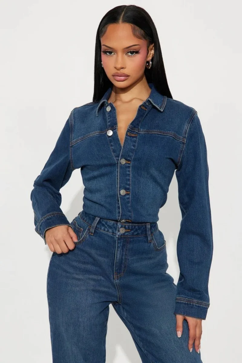 Tute di jeans vintage Abiti primaverili Donna Maniche lunghe Collo con risvolto Jeans dritti Pagliaccetti Tute Tute intere Tuta intera