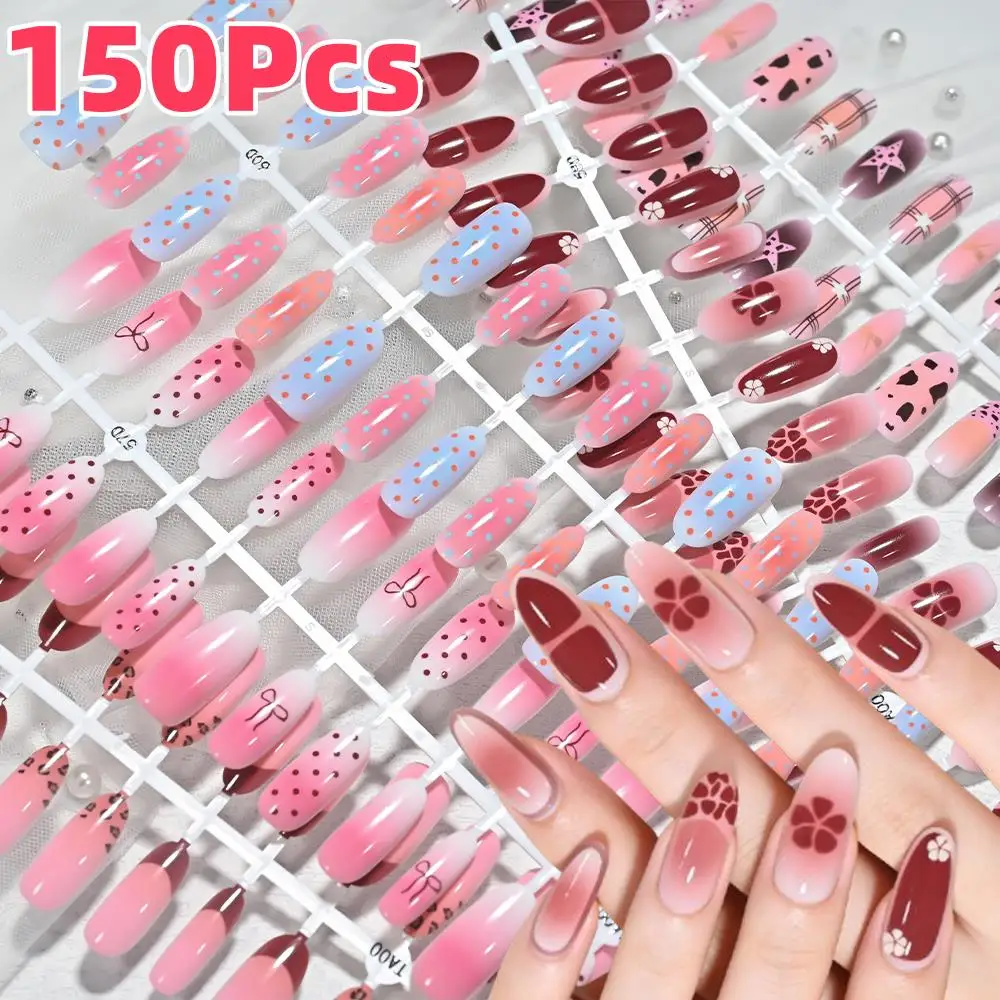 150Pcs Pink Blue Ombre Leopard Polka Dot Fake Nails French Tips Almond Press On Nail Cute Grid Bow Flower Design Flase Fingertip