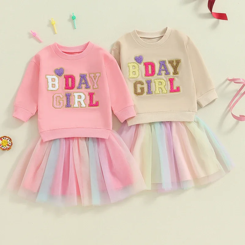 1-5Y Sweety Toddler Kids Girls 2Pcs Birthday Outfits Long Sleeve Letter Embroidery Sweatshirt Tops Tutu Skirt Clothes Set New