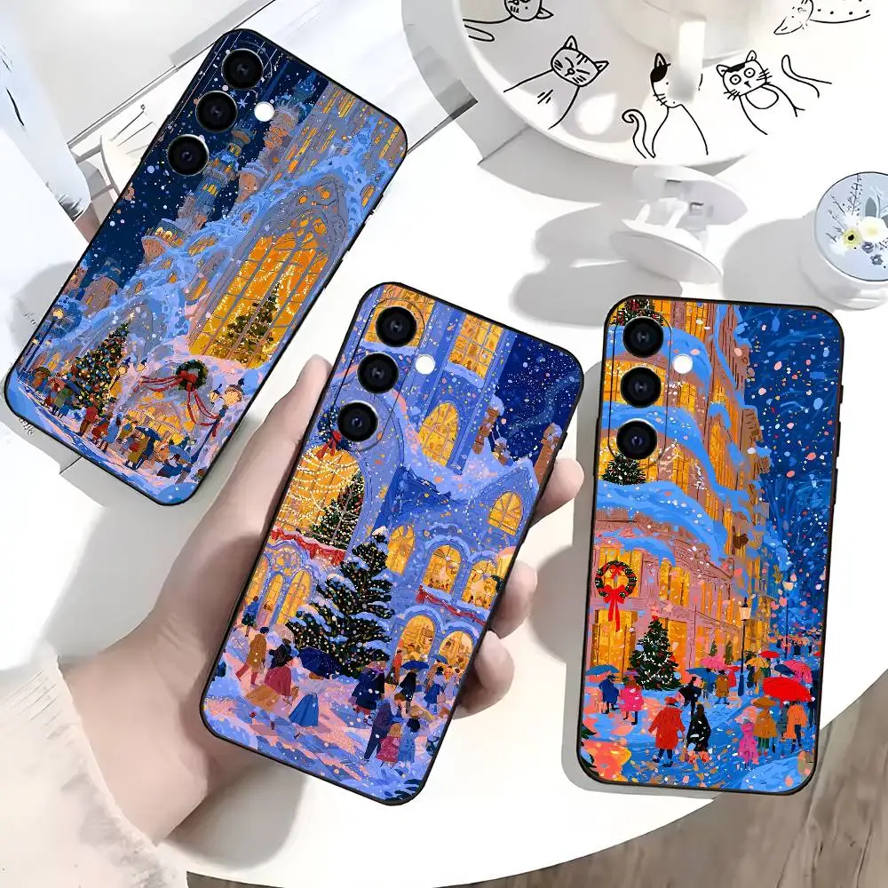 winter night snow street Phone Case For Samsung Galaxy A73,A72,A71,A70,A53,A52,A51,Soft Silicone Black Cover