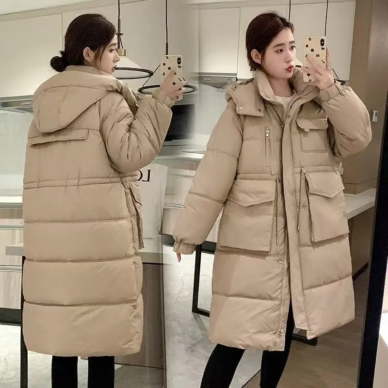 

2025 Winter Long Down Cotton Jacket For Women Zipper Hooded Parkas Coat Female Loose Padded Thicken Warm Snow Wear Jackets