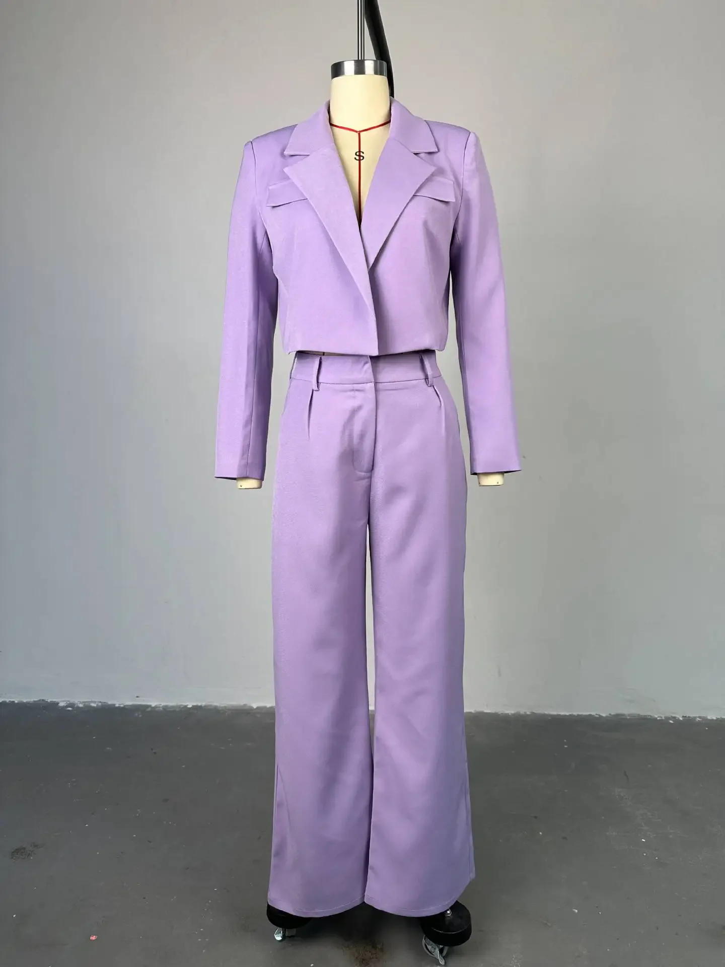 Mandylandy Summer Suits Coats Women Pants 2 Piece Sets Outfits Solid Polo Collar Short Suit Top Wide Leg Trousers Casual Suit