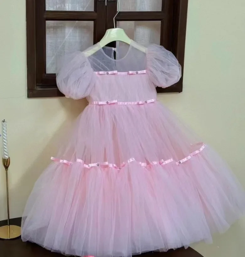 Retail New Baby Girls 2024 High Quality  Boutique Pink Party Cute  Dress , Princess Kids Birthday Dresses Holiday 2-8T