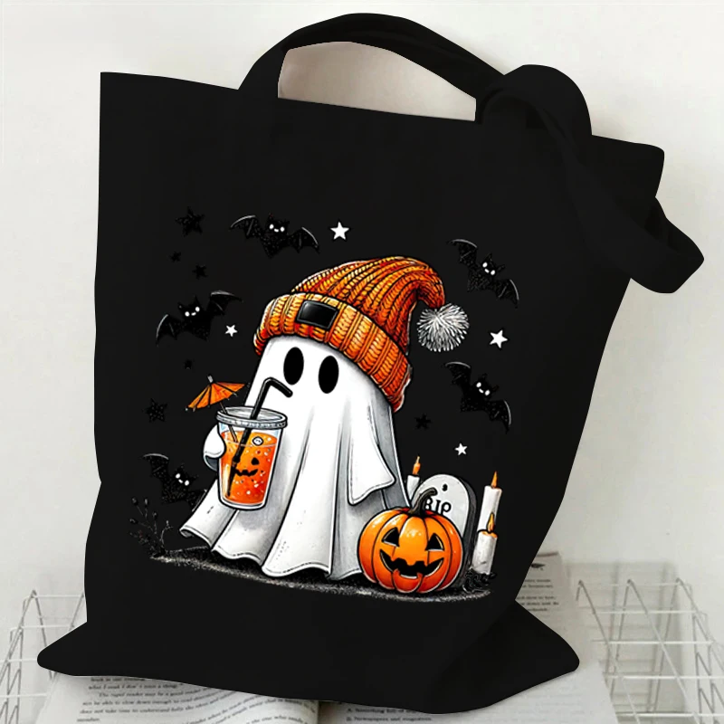 Women\'s Tote Bag Halloween Retro Ghost Coffee Pumpkin Print Canvas Cartoon Shopping Bags The Boo Horror Commuter Shoulder Bag