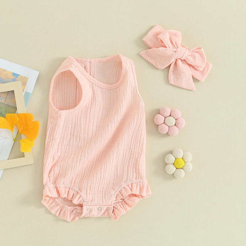 Infant Newborn Baby Girls Summer Clothes Sleeveless Romper Solid Ruffle Bodysuit  Outifts with Headband