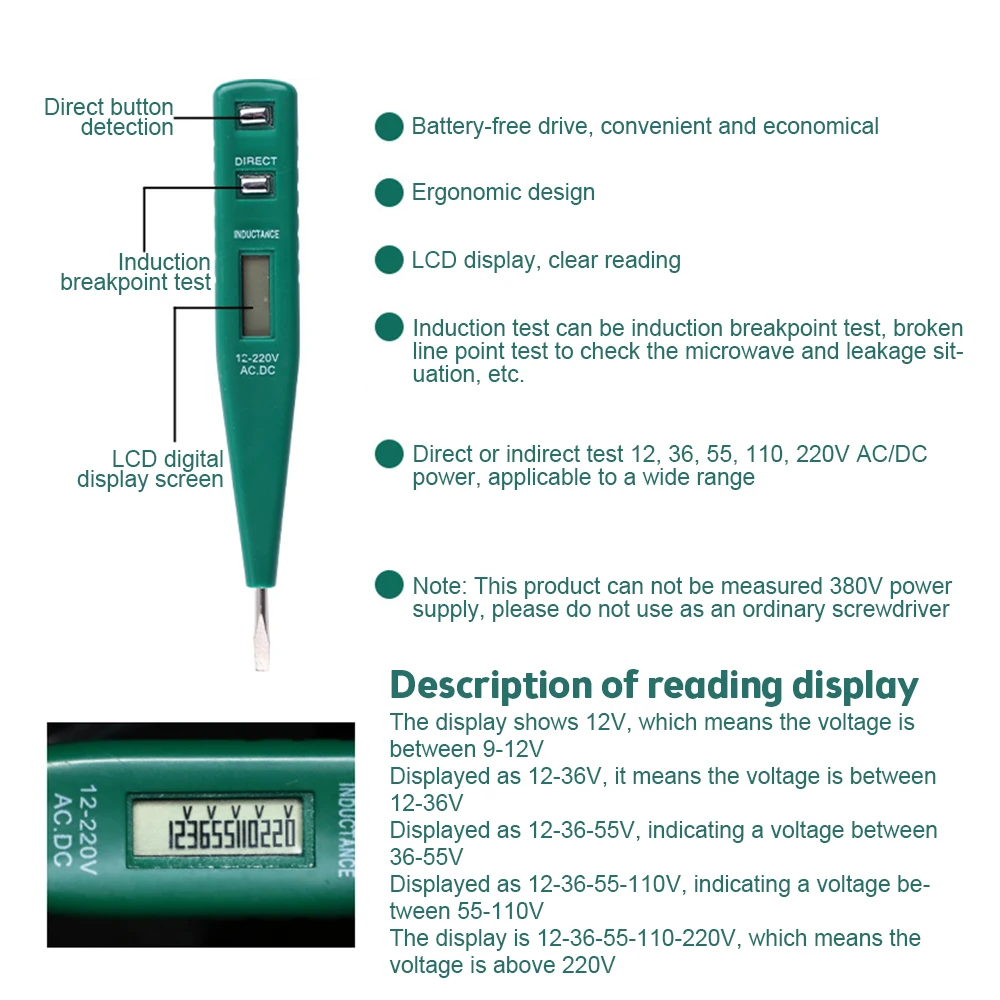 AC/DC Tester Pen Electric Indicator Voltage Meter Digital Voltmeter 12V-250V Socket Wall AC/DC 220V Power Outlet Detector Sensor