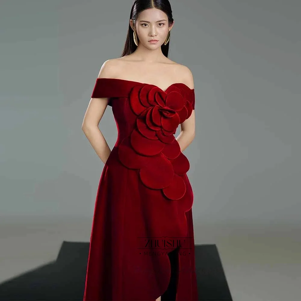 Customized Velvet Burgundy Evening Dress With Floral Off Shoulder Side Slit فساتين سهرة Empire Waist A-Line Long Dress