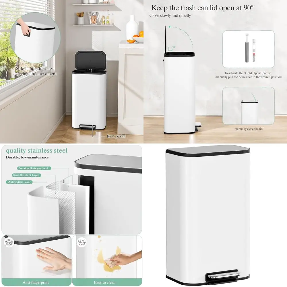 

8 Gallon Step-On Trash Can with Stainless Steel Lid, Removable Inner Bucket, and Finger-Proof White Design