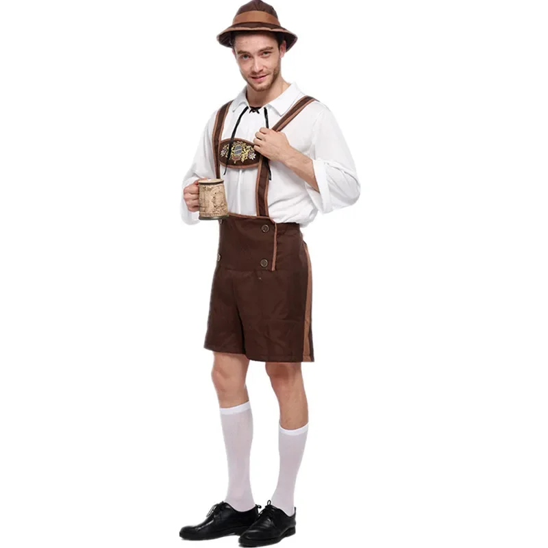 เยอรมนีแบบดั้งเดิม Oktoberfest ผู้ใหญ่เบียร์ชายเครื่องแต่งกายฮาโลวีน Bavarian Lederhosen Stage เสื้อผ้า