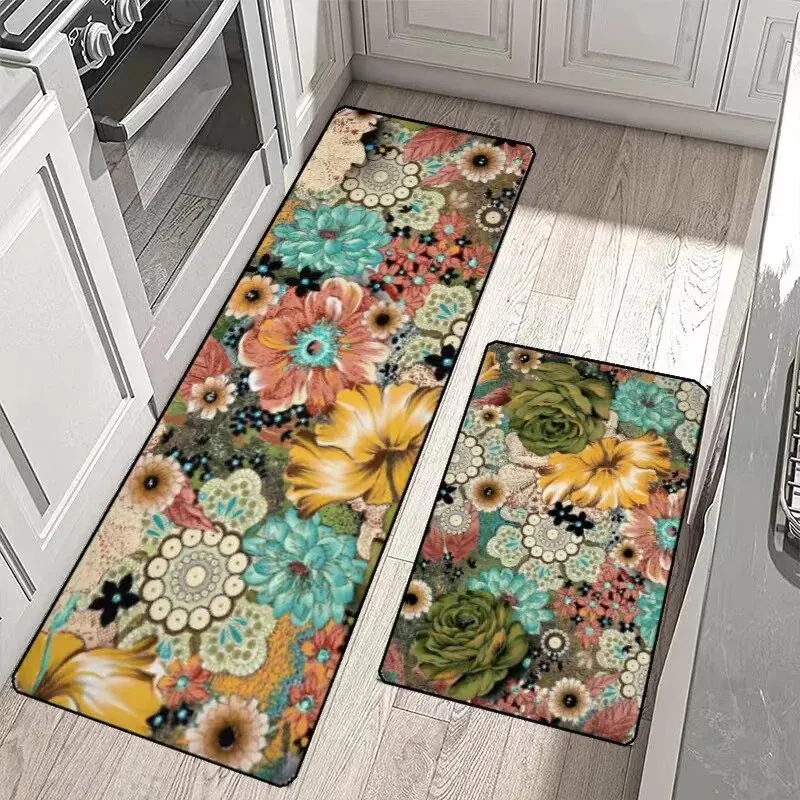 Bohemian Retro Style Colorful Flowers Kitchen Non-slip Waterproof Cushion Anti-fatigue Crystal Velvet Doormat