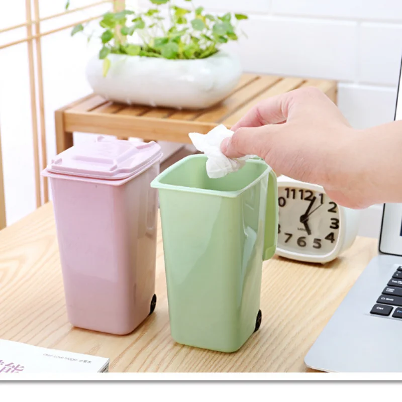 

Creative Wheelie Mini Waste Bins Household Home Office Supplies Mini Trash Can Desktop Plastic Bucket Dustbin Small Organiser