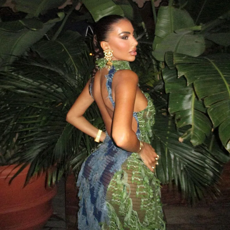 Sorella Star Fashion Collo alto Sexy Hottie Hollow Backless Vita alta Nappa Splicing Dress Abiti da festa da discoteca all'ingrosso