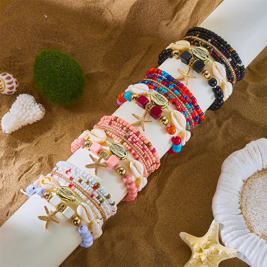 Bohemian Shell Starfish Beads Elastic Bracelet Set for Women Colorful Resin Conch Layered Bracelet Summer Party Jewelry Gift view 5