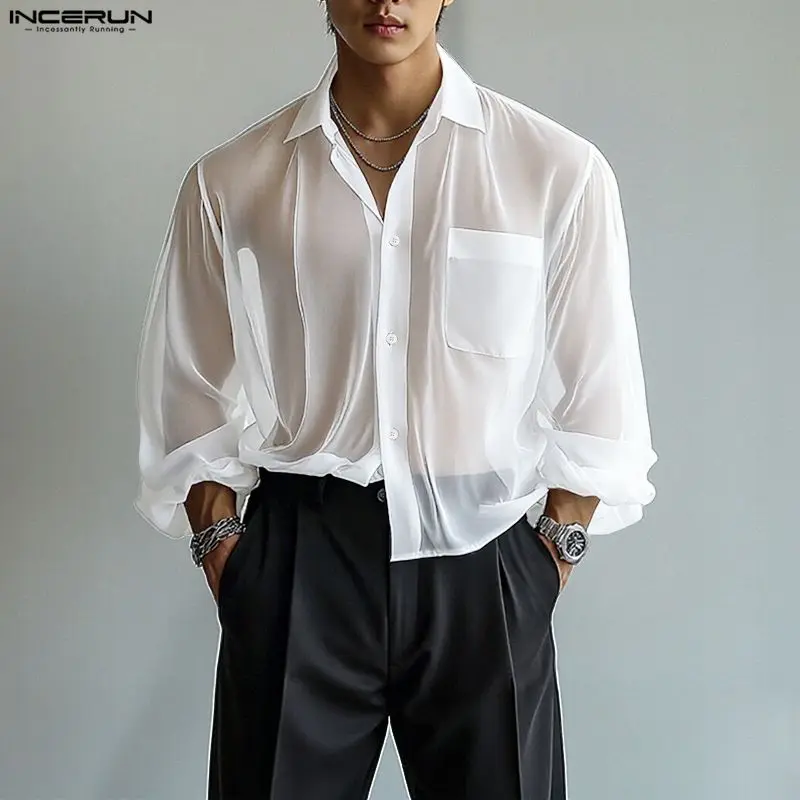 INCERUN Men Shirt Solid Chiffon Lapel Long Sleeve See Through Men Clothing Loose Sexy Streetwear Fashion Casual Camisas Tops Men