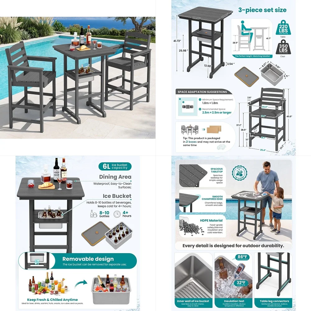 

Balcony Adirondack Chairs and Table 3 Pieces Set, HDPE Bar Height Chairs Set of 2 and Bar Table with Ice Bucket, Outdoor Bar St