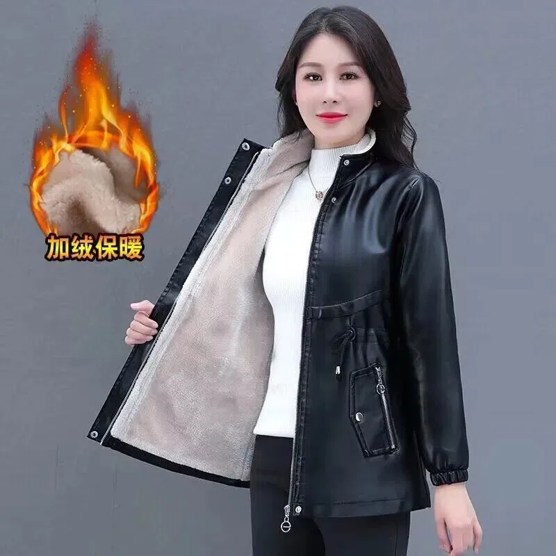 Autumn Winter Warm Faux Fur Coat Women Leather Jacket Ladies Slim Moto Biker Basic Jackets Plush Casual Leather Outerwear Black