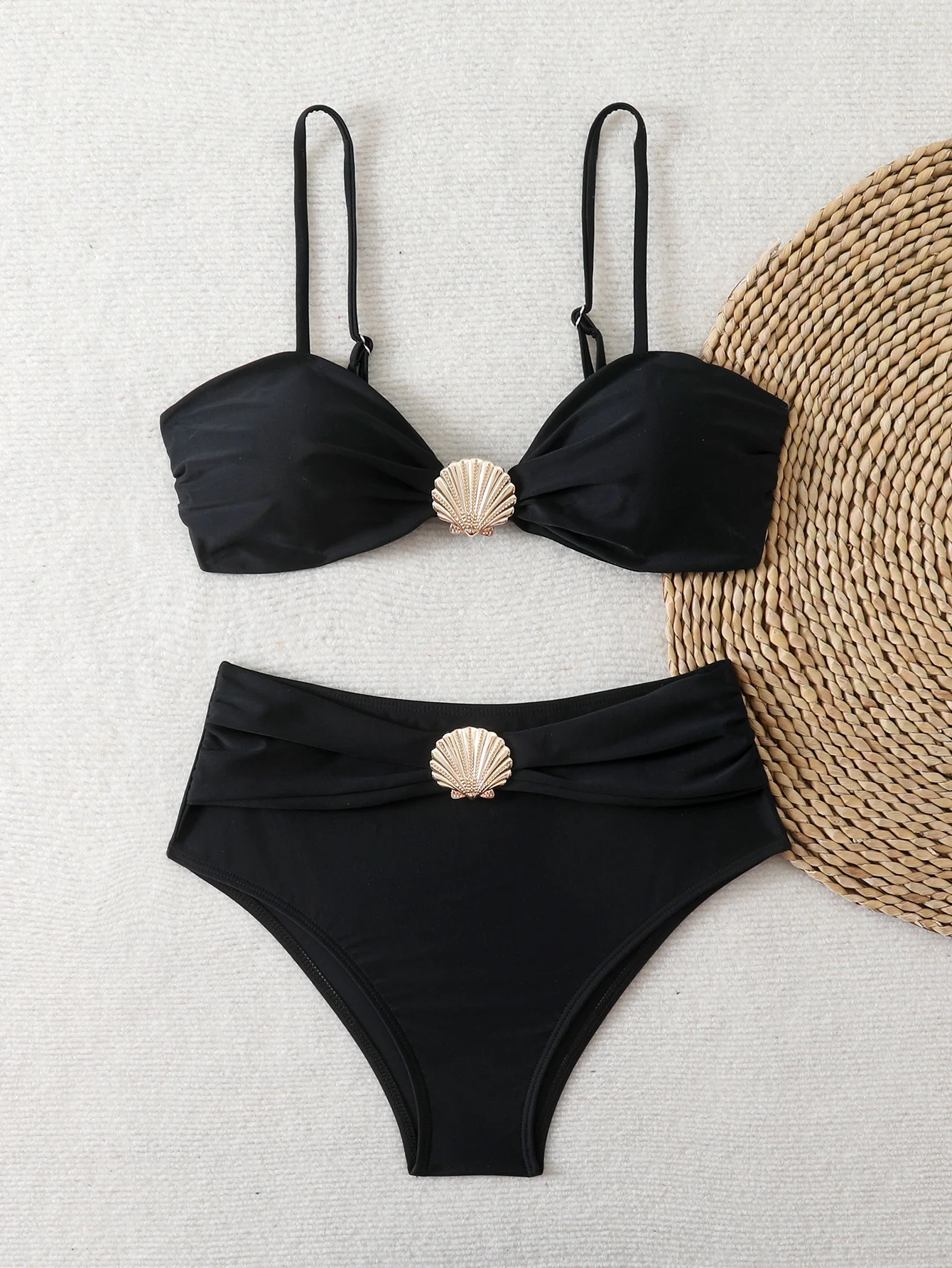 

Женский однотонный купальник-бикини из двух частей с металлическим декором и высокой талией, стильный купальник для пляжа и бассейна, удобный и модный купальный костюм