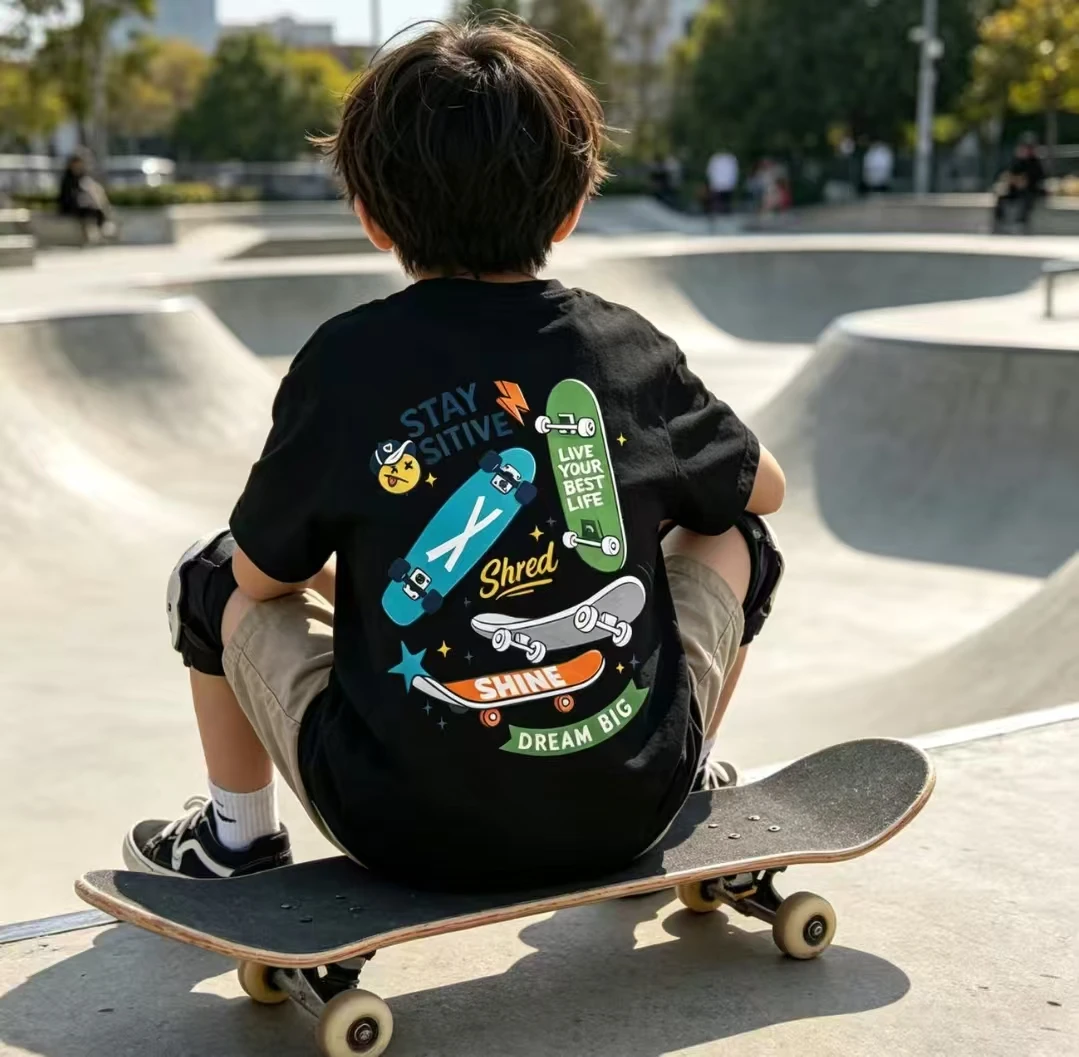 Nick Skateboarding Cartoon Print 100% Cotton Kids T-Shirt - A Unique Loose-Fitting Comfortable Top