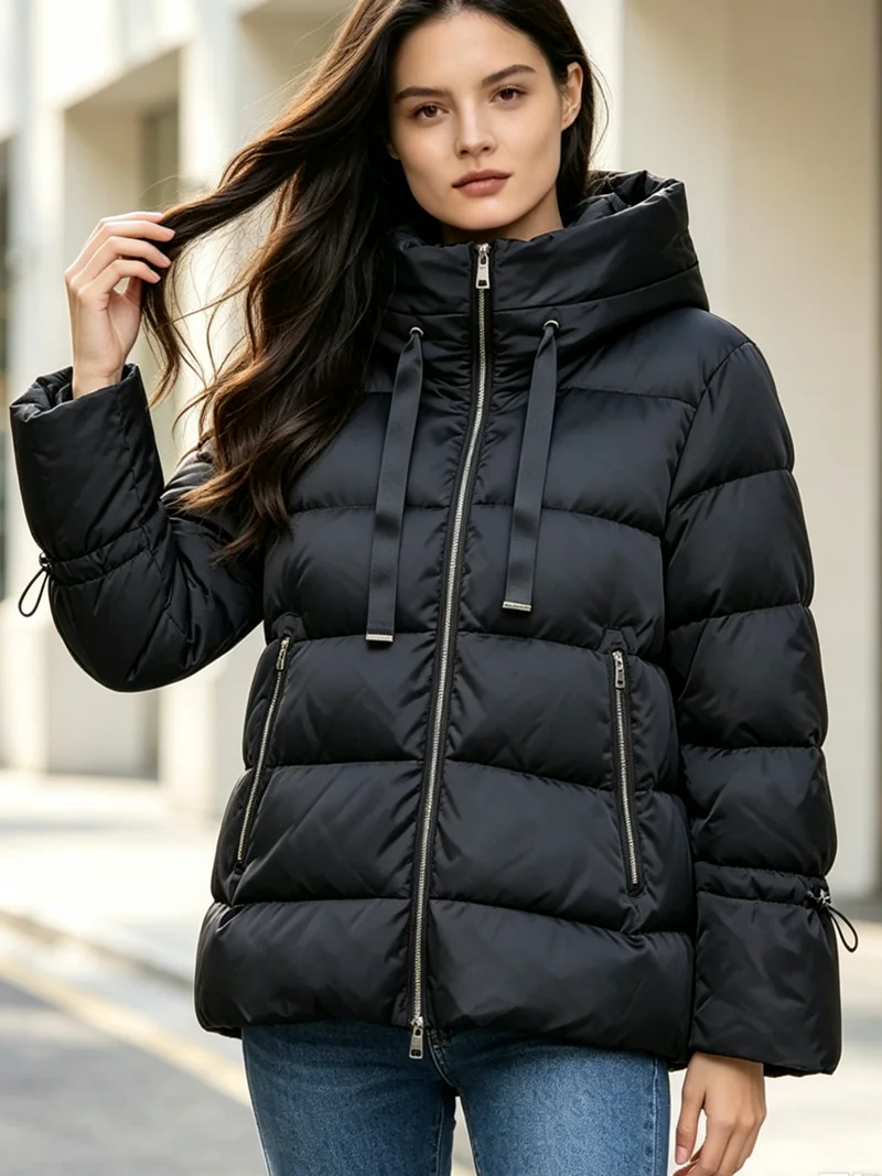 Women Hooded Short Puffer Coat Drawstring Cuff Zip Up Loose Warm Winter Quilted Jacket