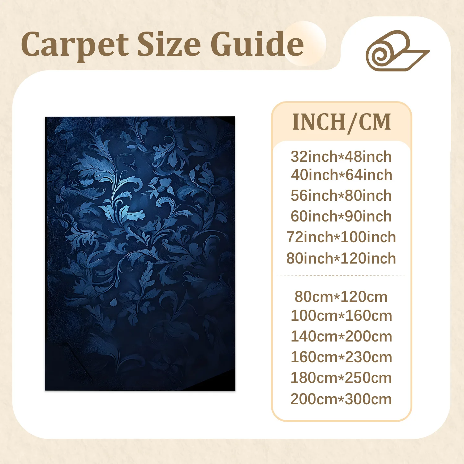 Large Indoor Area Rug, Soft Velvet Low Pile with Non-slip Dotted Backing, Machine Washable Dark Blue Ornate Floral Scroll Pattern for Living Room Bedroom Home Decor