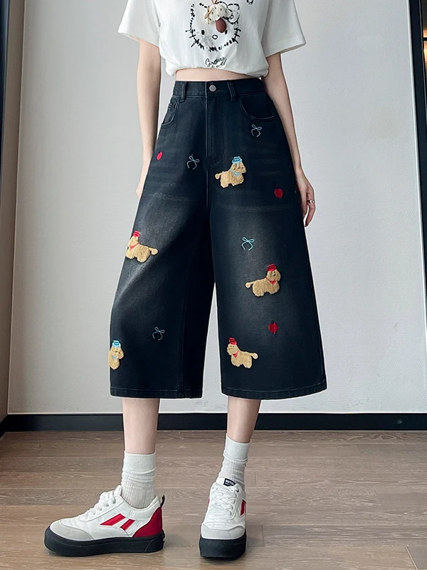 

Girls 12-15 Years Old Embroidered Denim Jeans Mid-Length Summer Pants for Junior High School Students Straight Leg Trousers