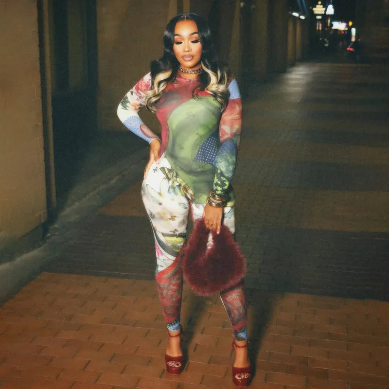 أنيق سيدة ثلاثية الأبعاد مطبوعة الشارع حللا 2025 الخريف المرأة طويلة الأكمام س الرقبة محب Bodycon مثير نادي وزرة الحفلات