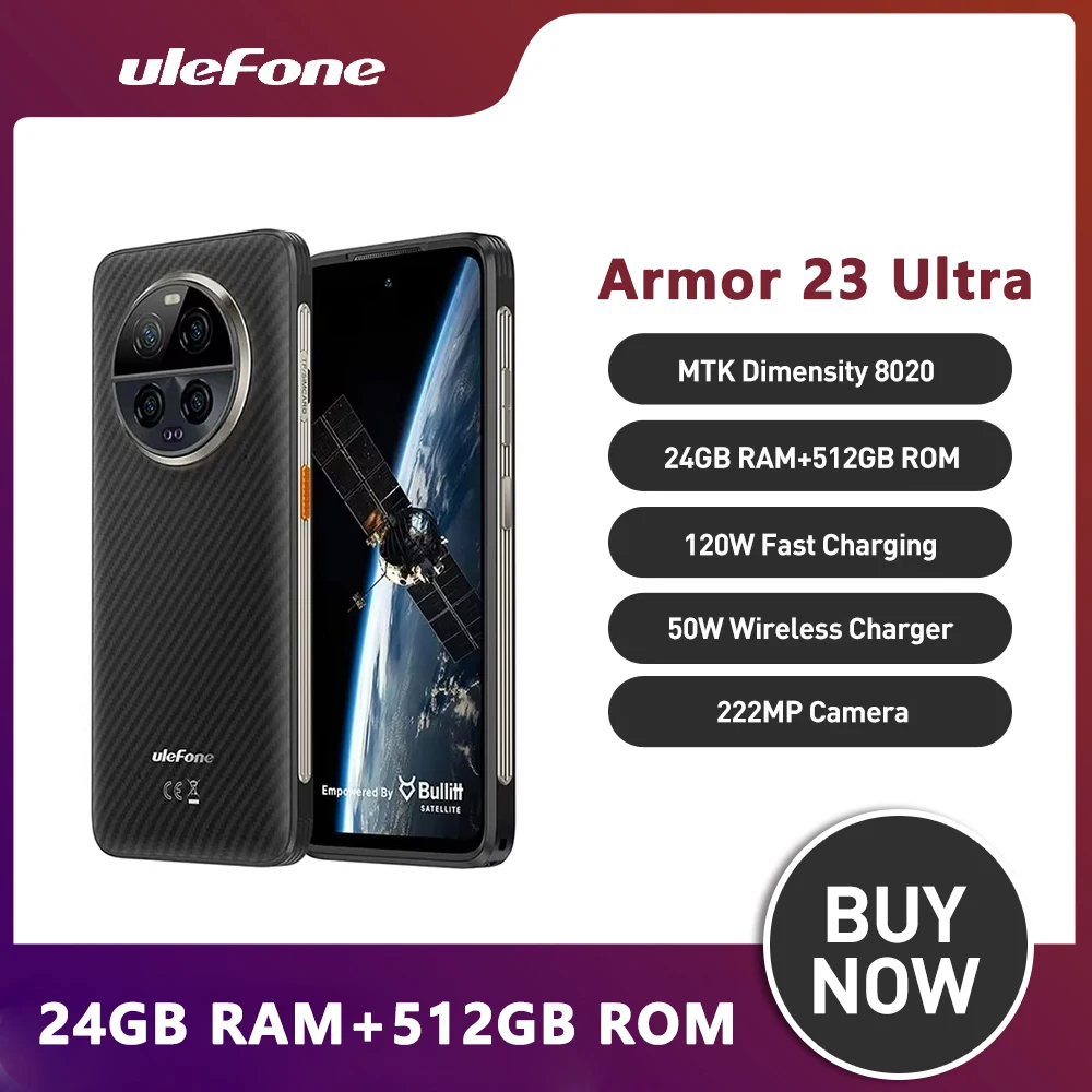Ulefone Armor 23 Ultra Rugged Phone 12GB+512GB Satellite Message 6.78” 64MP Night Camera 120W MediaTek Dimensity 8020 NFC Phone
