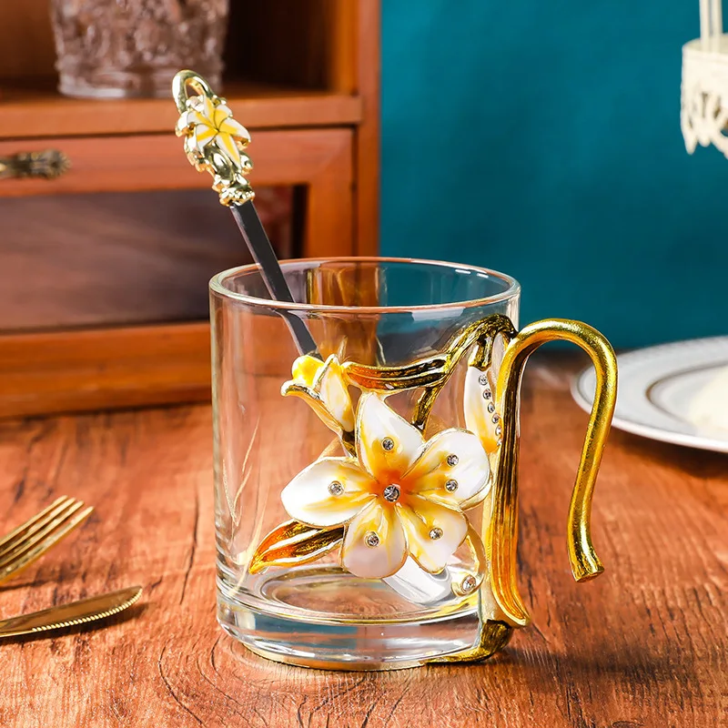 

Эмалированная кружка с лилией, стеклянная ручка для чашки, бытовая водостойкая термостойкость, высокий боросиликат с крышкой, сломанный цветок