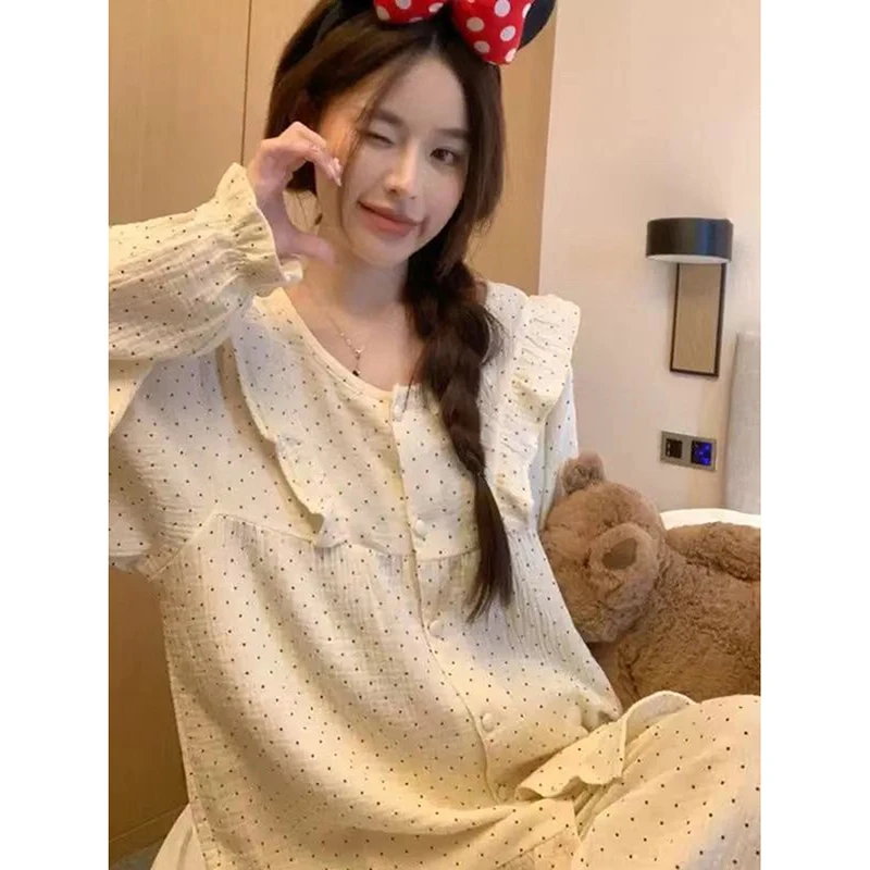 Polka Dot Sleepwear Women Pajama Sets Aututmn Piiama Ruffles Pants Sets 2-Pieces Korean Cute Night Wears Sleeping Home Suit New