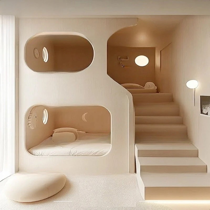 Tempat tidur minimalis modern, tempat tidur ganda dengan tangga