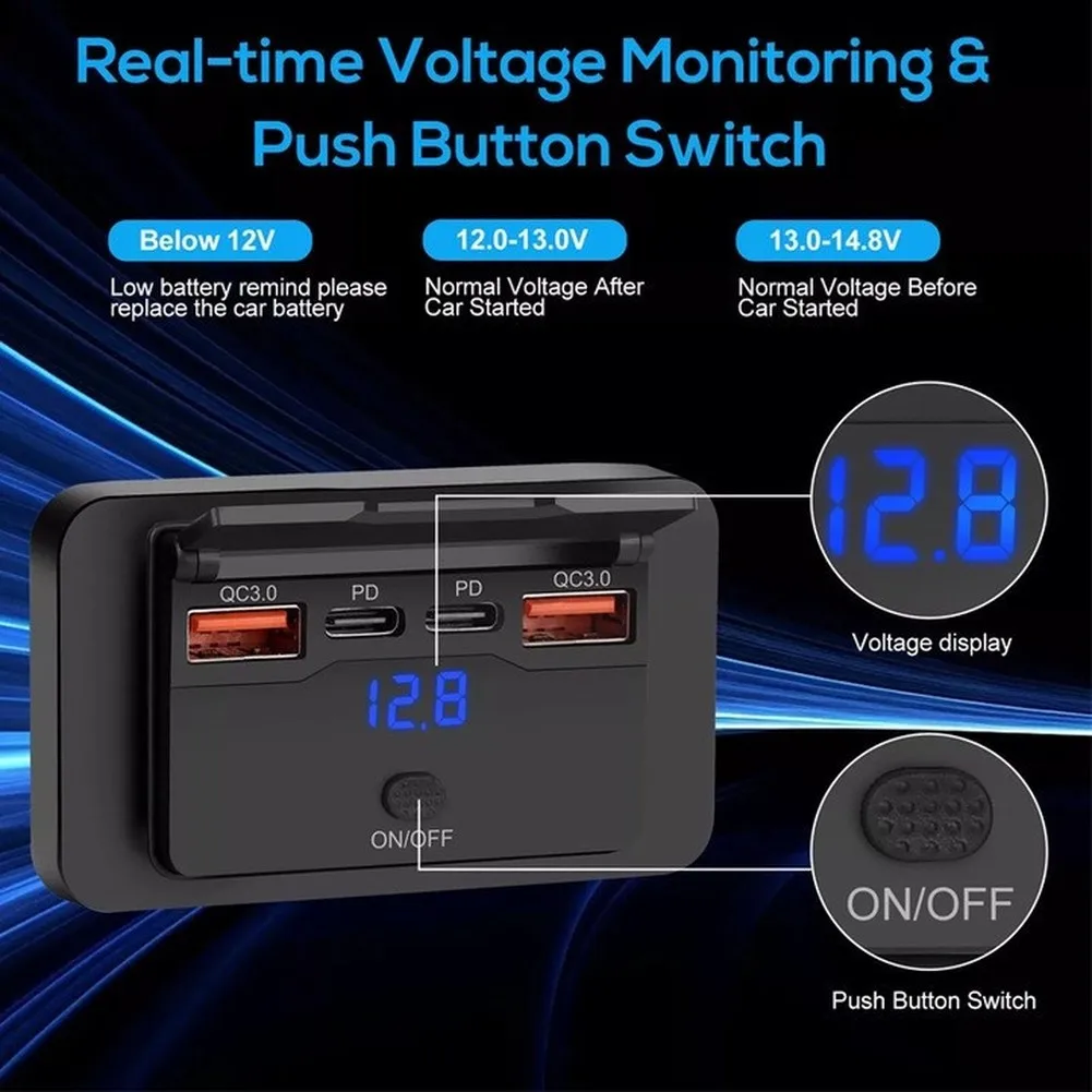 Mount RV USB Charging Socket Dual USB-C 36W PD + Dual For QC3.0 Waterproof Design with LED Voltmeter for 12V 24V Use
