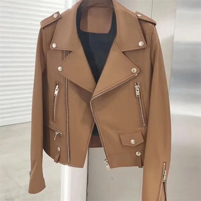 2025 Spring Autumn PU Leather New Leather Suit Jacket Women Motorcycle Leather Jackets Coat Fashion Zipper Pocket Outerwears
