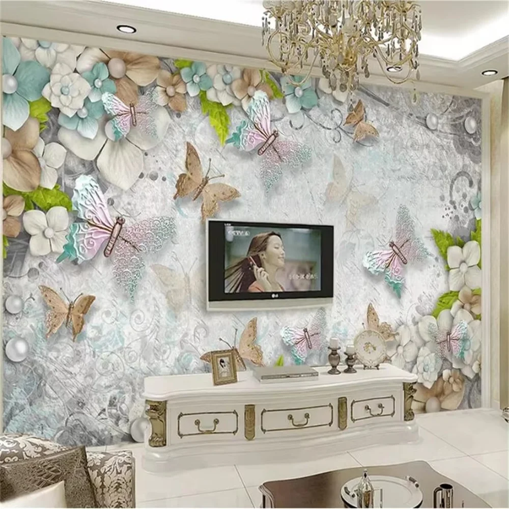 Custom wallpaper 3d gorgeous Mediterranean butterfly flower pearl living room TV Background Relief flower wallpapers home decor