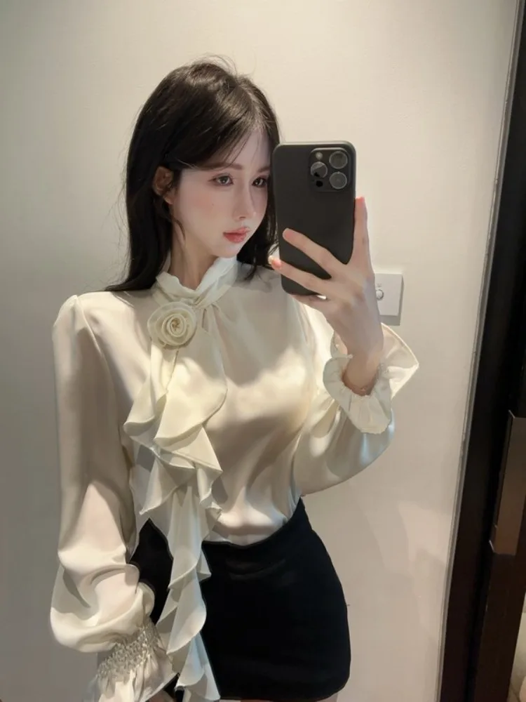 

Elegant Fairy Tale Style Women's Top with Stand Collar And Bell Sleeves Premium Quality Polyester Fiber Thin Long Sleeve Shirt