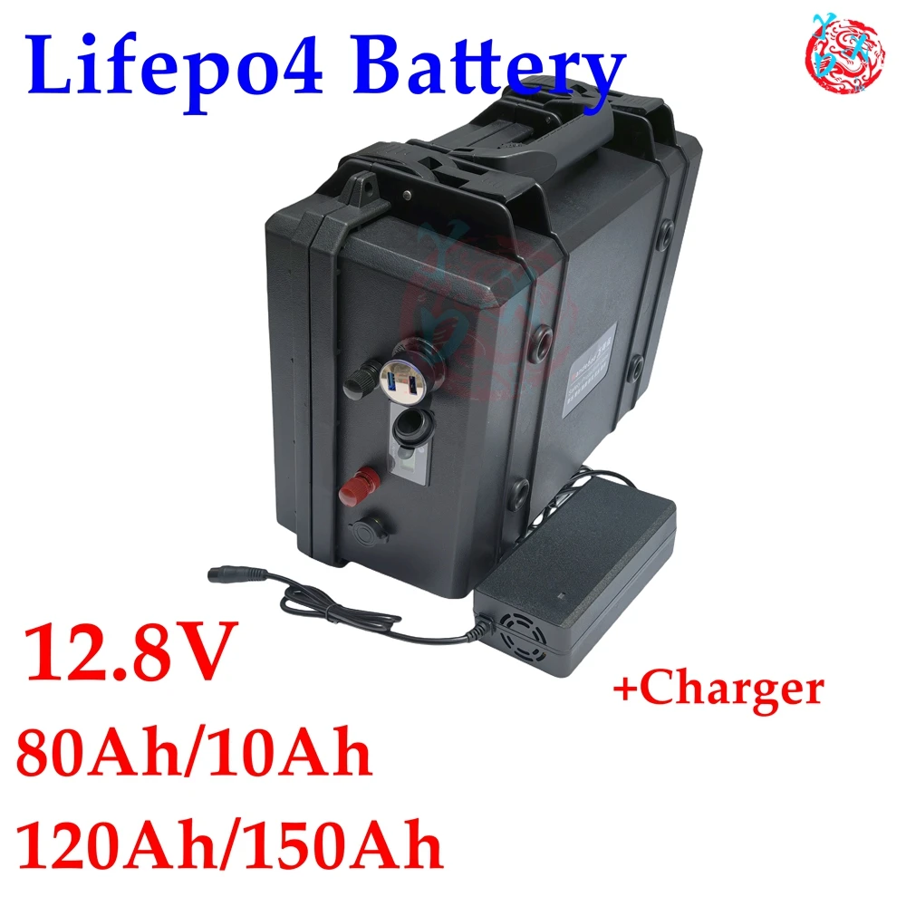 12.8v 80ah 100ah 120ah 150ah LiFePO4 Battery pack with 10A Charger for Boat propeller battery Camper golf trolley/carts,