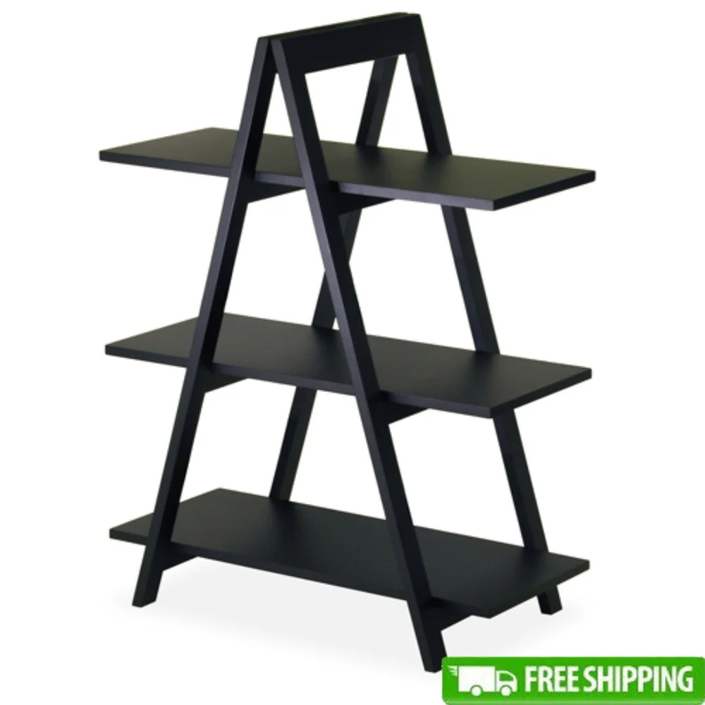 

3-Tier A-Frame Shelf Black Finish Solid Wood Utility Storage Display Living Room Kitchen Home Office Assembly Required
